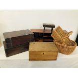 MODERN HARDWOOD PIGEON HOLE, TWO WICKER BASKETS, VINTAGE APPRENTICE STOOL, TEACHERS WHISKEY BOX,