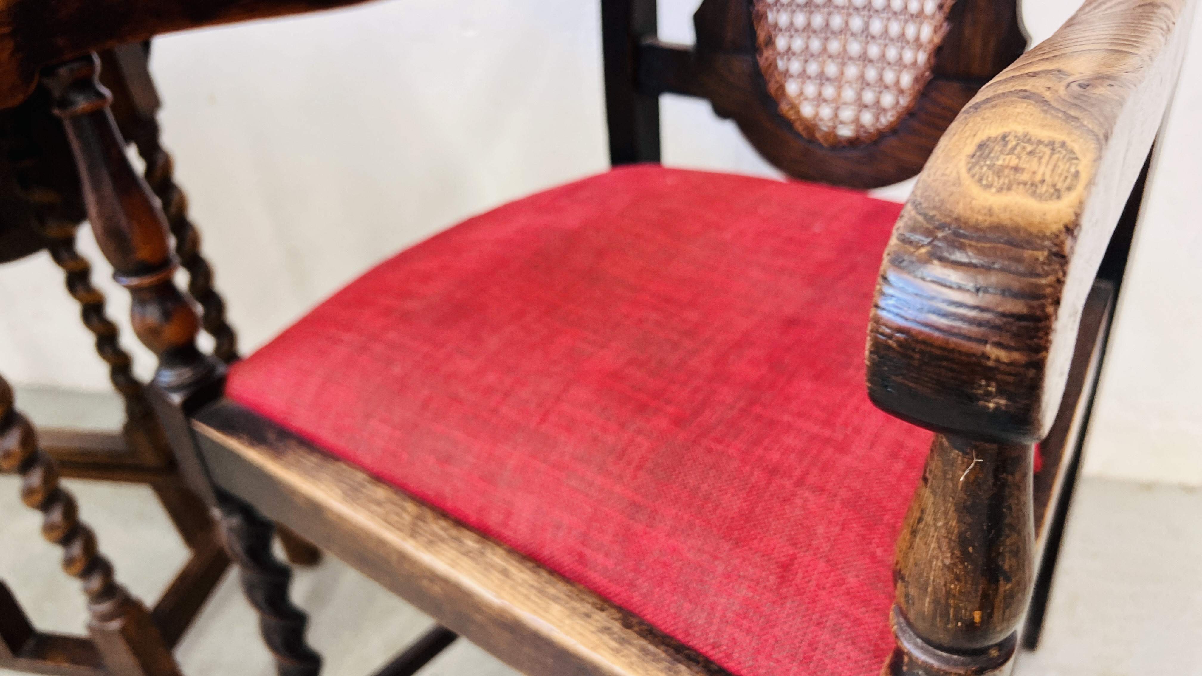 PAIR OF OAK BARLEY TWIST ELBOW CHAIRS WITH RATTAN WORK TO BACK PANELS AND SMALL OAK BARLEY TWIST - Image 10 of 14