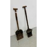 TWO ANTIQUE WOOD AND LEATHER SHOVELS WITH METAL WORK DETAIL L 98CM AND L 106CM.