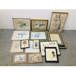 A COLLECTION OF 10 FRAMED ETCHINGS AND WATERCOLOUR BEARING SIGNATURE PURCHASE + BOX OF ASSORTED