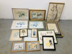 A COLLECTION OF 10 FRAMED ETCHINGS AND WATERCOLOUR BEARING SIGNATURE PURCHASE + BOX OF ASSORTED