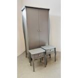 A MODERN GREY FINISH DOUBLE WARDROBE WITH DRAWER TO BASE WIDTH 100CM. DEPTH 50CM. HEIGHT 192CM.