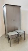 A MODERN GREY FINISH DOUBLE WARDROBE WITH DRAWER TO BASE WIDTH 100CM. DEPTH 50CM. HEIGHT 192CM.