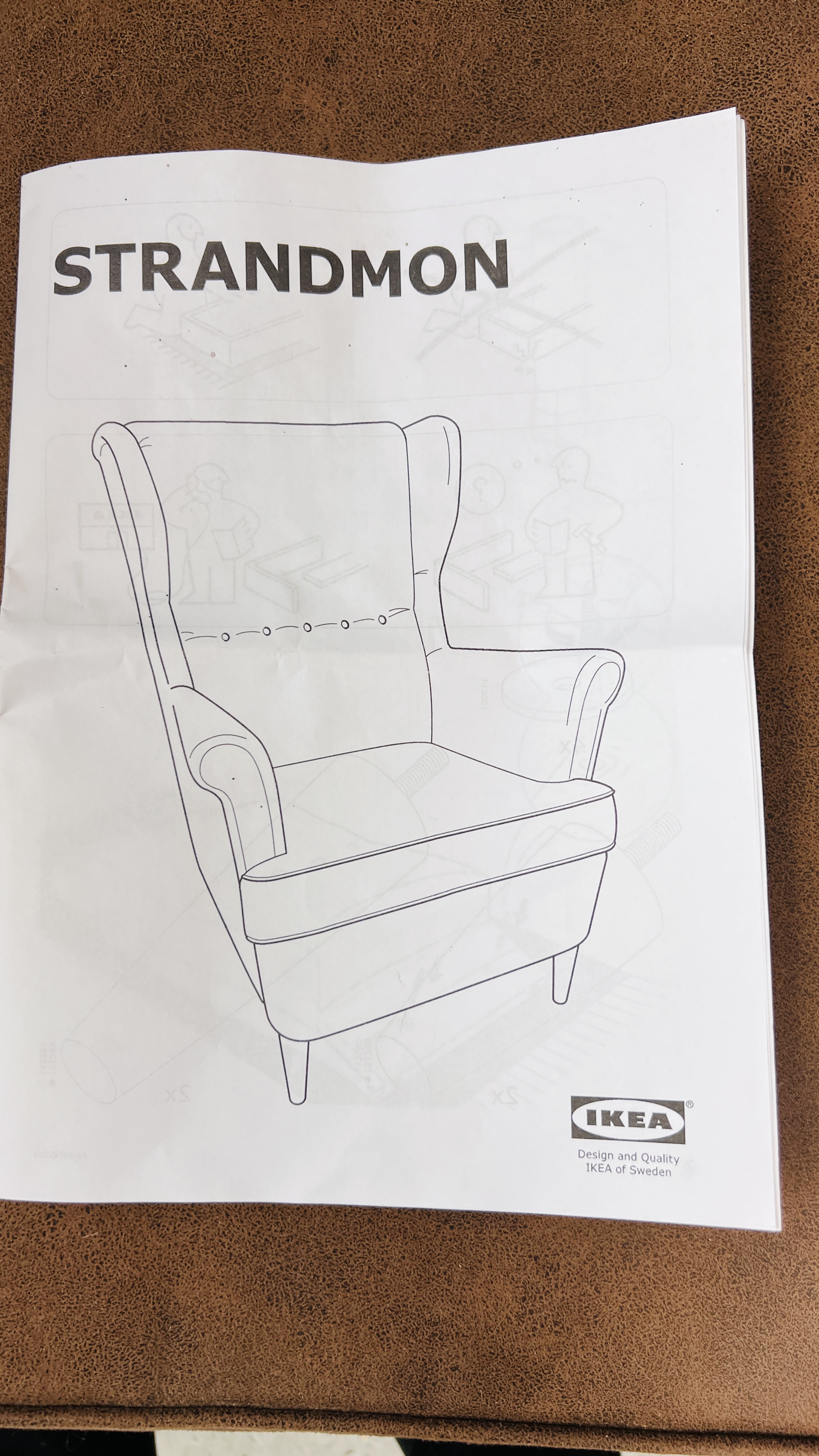 A MODEERN IKEA DESIGNER WINGED ARM CHAIR FAUX BROWN SUEDE UPHOLSTERTY - Image 7 of 7