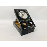 VINTAGE FOLDING BLACK LACQUERED VIEW WITH MOTHER OF PEARL DETAIL - W 15CM. X H 23CM.