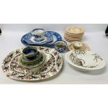 QUANTITY OF ASSORTED VINTAGE PLATES TO INCLUDE A BLUE AND WHITE DOULTON BURSLEM WATTEAU MEAT PLATE,