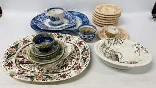 QUANTITY OF ASSORTED VINTAGE PLATES TO INCLUDE A BLUE AND WHITE DOULTON BURSLEM WATTEAU MEAT PLATE,