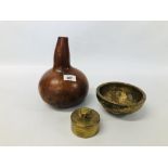 DRIED BOTTLE GOURD ALONG WITH STUDIO BRASSED BOWL, BRASS WEIGHT.