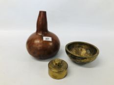 DRIED BOTTLE GOURD ALONG WITH STUDIO BRASSED BOWL, BRASS WEIGHT.