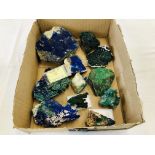 A COLLECTION OF APPROX 11 CRYSTAL AND MINERAL ROCK EXAMPLES TO INCLUDE AZURITE AND MALACHITE ETC.