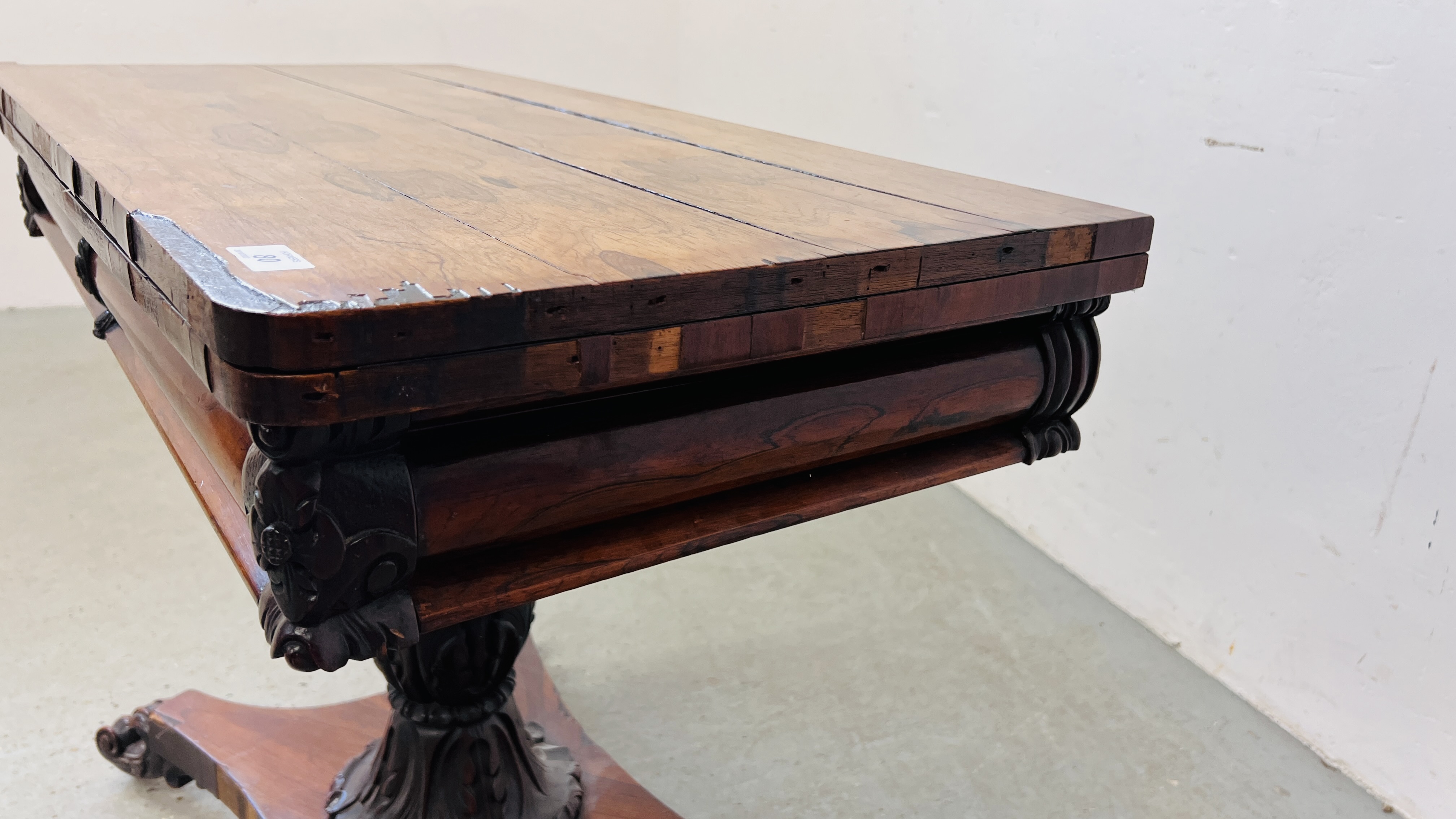 ANTIQUE ROSEWOOD FINISH FOLDING CARD TABLE WITH SCROLLED FEET AND CARVED DETAILING ON SINGLE - Image 8 of 16