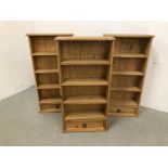 3 X MEXICAN PINE SHELF UNITS WITH DRAWERS TO BASE - EACH W 52.5CM, D 18CM, H 103CM.