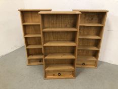 3 X MEXICAN PINE SHELF UNITS WITH DRAWERS TO BASE - EACH W 52.5CM, D 18CM, H 103CM.