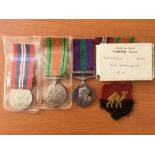 WW2 GROUP OF THREE, DEFENCE, WAR MEDAL AND GSM WITH PALESTINE 1945-48 BAR NAMED TO 14955635 GNR A.E.