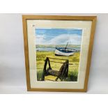A FRAMED AND MOUNTED WATERCOLOUR "LOOKING TOWARDS SOUTHWOLD 1997" BEARING SIGNATURE PAUL BENNETT,