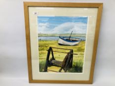 A FRAMED AND MOUNTED WATERCOLOUR "LOOKING TOWARDS SOUTHWOLD 1997" BEARING SIGNATURE PAUL BENNETT,