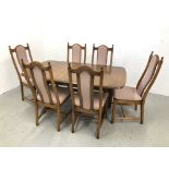 MID CENTURY ERCOL GOLDEN DAWN EXTENDING DINING TABLE COMPLETE WITH A SET OF SIX MATCHING CHAIRS L