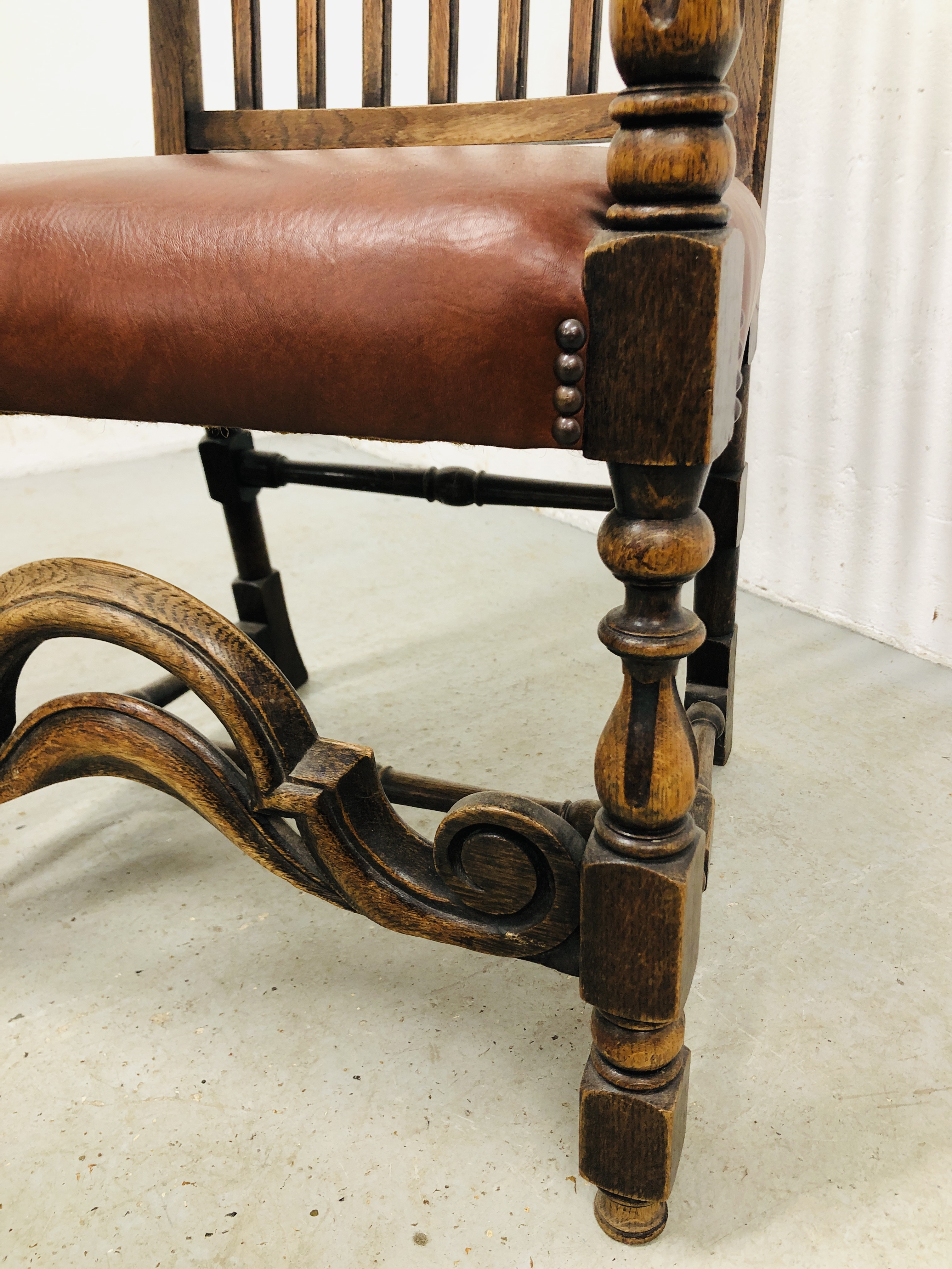 PAIR OF OAK FRAMED STRUNG BACK ELBOW CHAIRS WITH TANNED LEATHERETTE SEATS. - Image 3 of 6