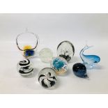 8 PIECES OF ART GLASS INCLUDING PAPERWEIGHTS, BOWL ETC.