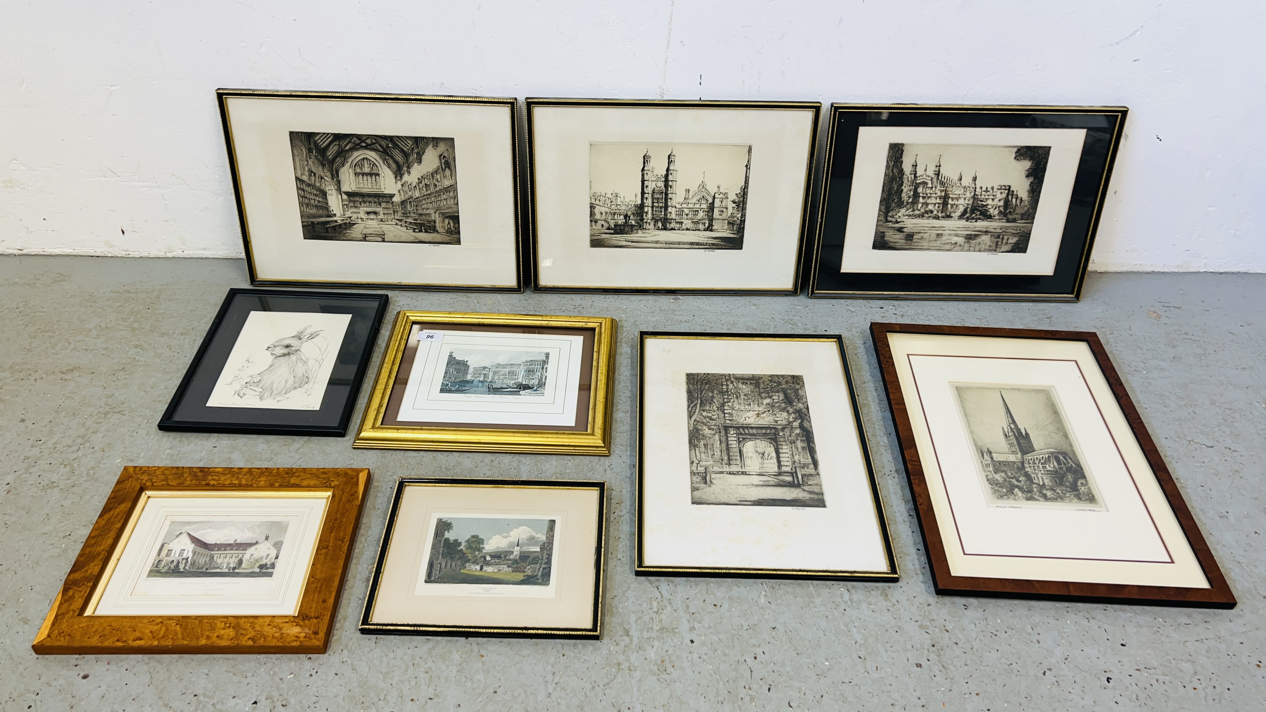 A GROUP OF NINE FRAMED ETCHINGS AND ENGRAVINGS TO INCLUDE NORWICH CATHEDRAL, ARCHITECTURAL ETC.