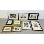 A GROUP OF NINE FRAMED ETCHINGS AND ENGRAVINGS TO INCLUDE NORWICH CATHEDRAL, ARCHITECTURAL ETC.