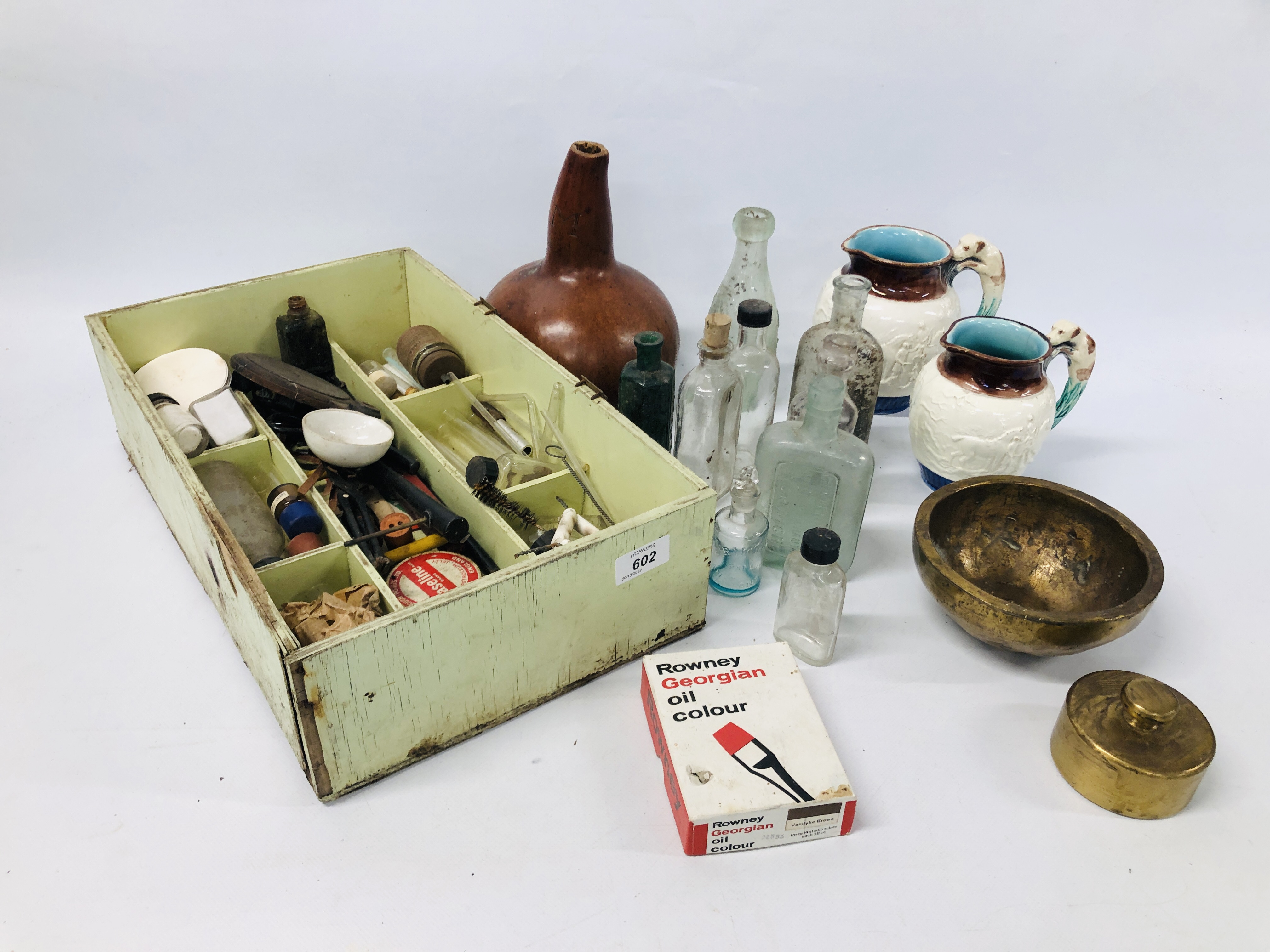 DRIED BOTTLE GOURD ALONG WITH STUDIO BRASSED BOWL AND TWO VINTAGE WEDGWOOD GRADUATED STONEWARE