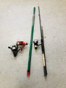 A TF GEAR 2 PIECE ROD WITH SHIMANO 4000 RB REEL, IMPALA REEL, OMRI REEL AND REACH TELESCOPIC HANDLE.
