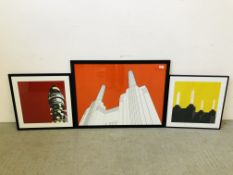 THREE MODERN FRAMED PRINTS IN THE JAYSON LILTEY STYLE TO INCLUDE BATTERSEA POWER STATION.