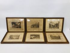 FRAMED SET OF SIX VINTAGE BLACK AND WHITE ETCHINGS THE GOOD OLD DAYS, EVERY DOG HAS HIS DAY,