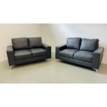A PAIR OF GREY FAUX LEATHER TWO SEATER SOFA'S, W 144CM.