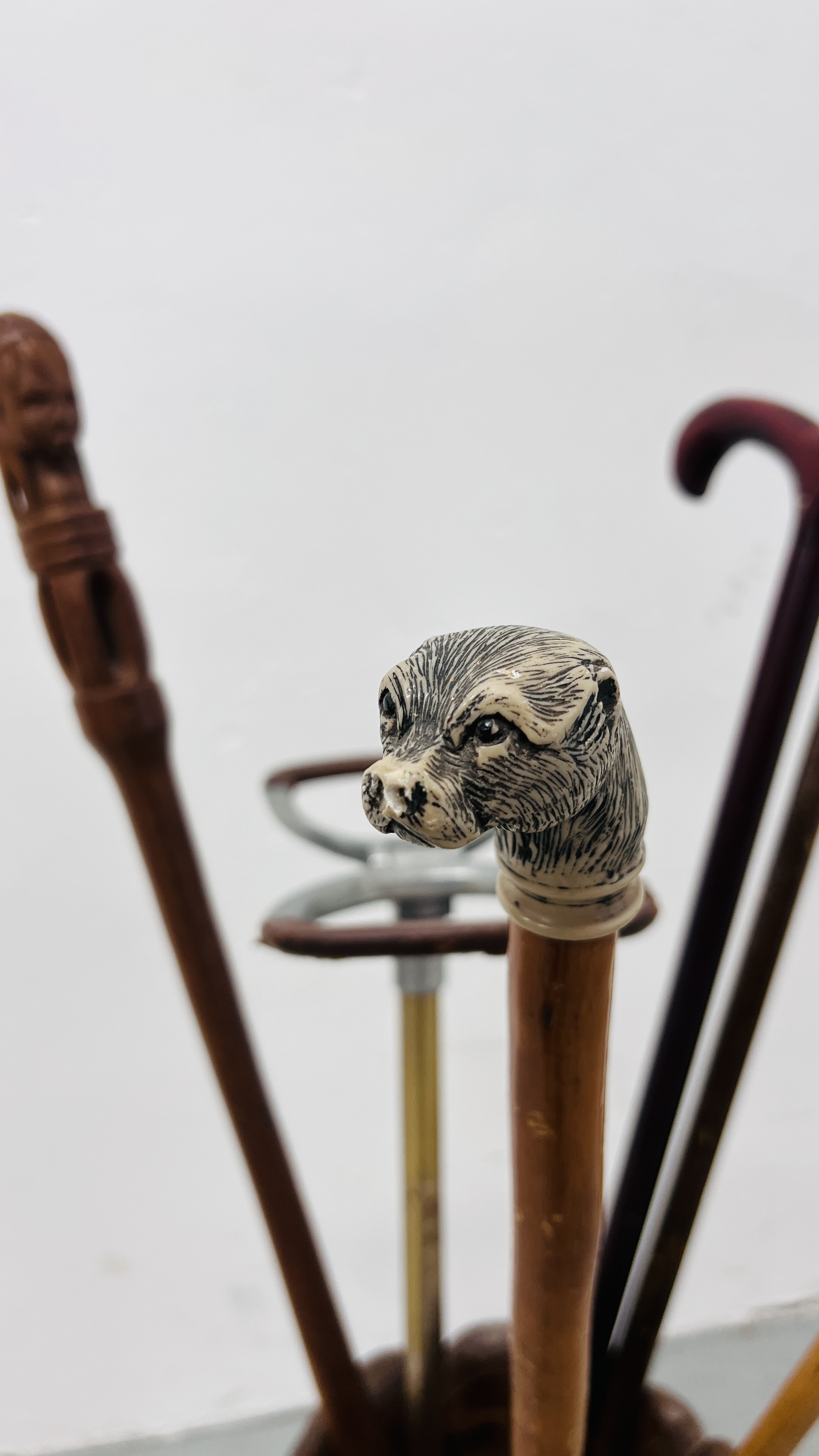 CARVED HARDWOOD STICK STAND TO INCLUDE FIVE VARIOUS WALKING STICKS, SHOOTING STICK. - Image 2 of 8