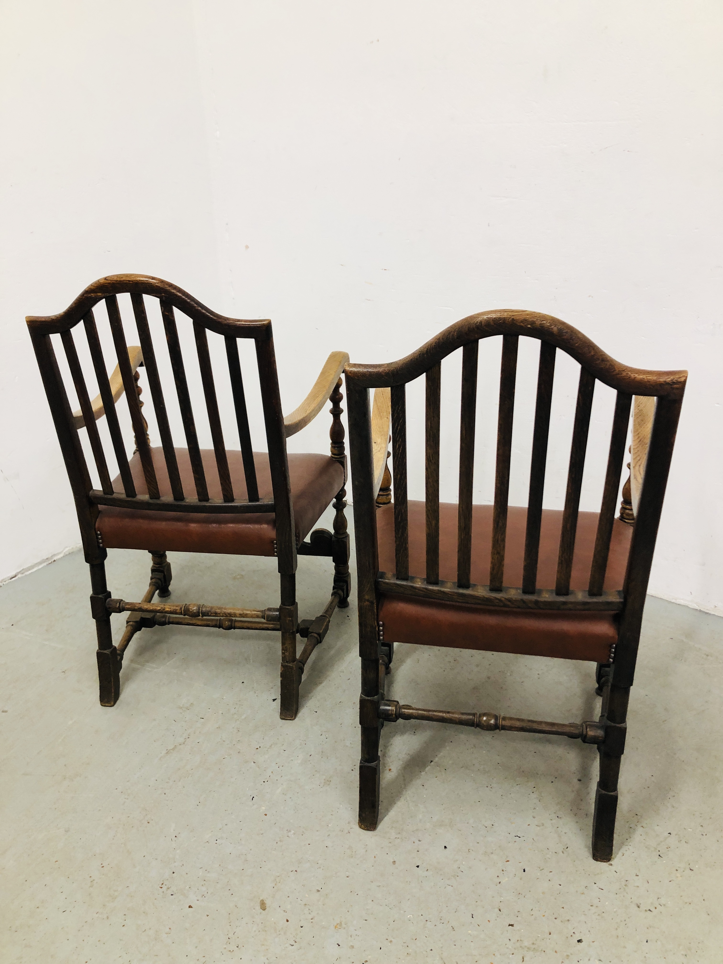 PAIR OF OAK FRAMED STRUNG BACK ELBOW CHAIRS WITH TANNED LEATHERETTE SEATS. - Image 5 of 6