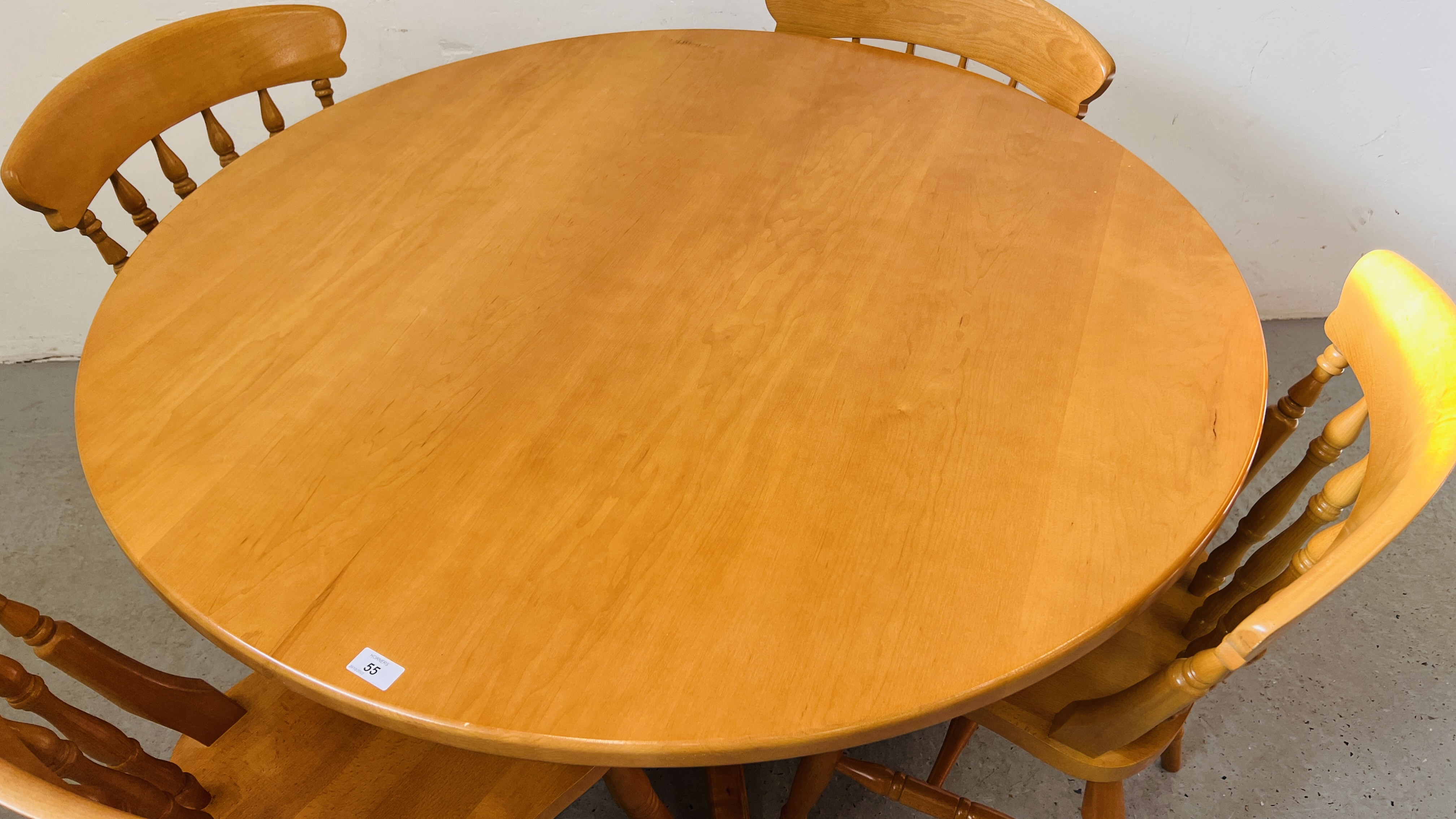 A SOLID MAPLE CIRCULAR TOPPED DINING TABLE ON PEDESTAL BASE ALONG WITH 4 BEACH CHAIRS IN CHERRY - Image 3 of 10