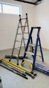 TWO PLASTER BOARD HOLDING PROPS, TWO SCRAPPERS ALONG WITH WERNER STEP LADDERS,