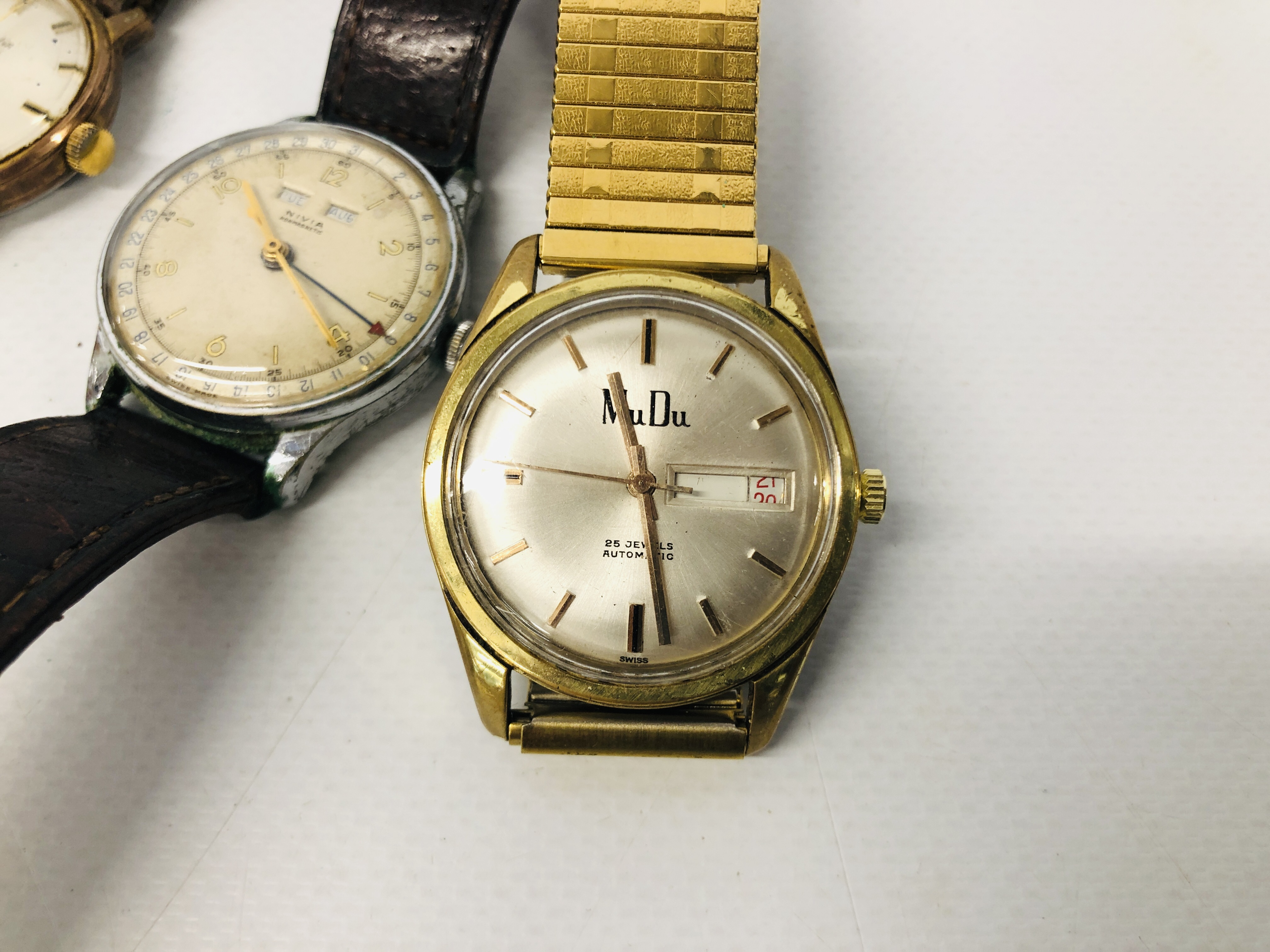 THREE VINTAGE GENT'S WRIST WATCHES TO INCLUDE NIVIA, MUDU ETC. - Image 2 of 11