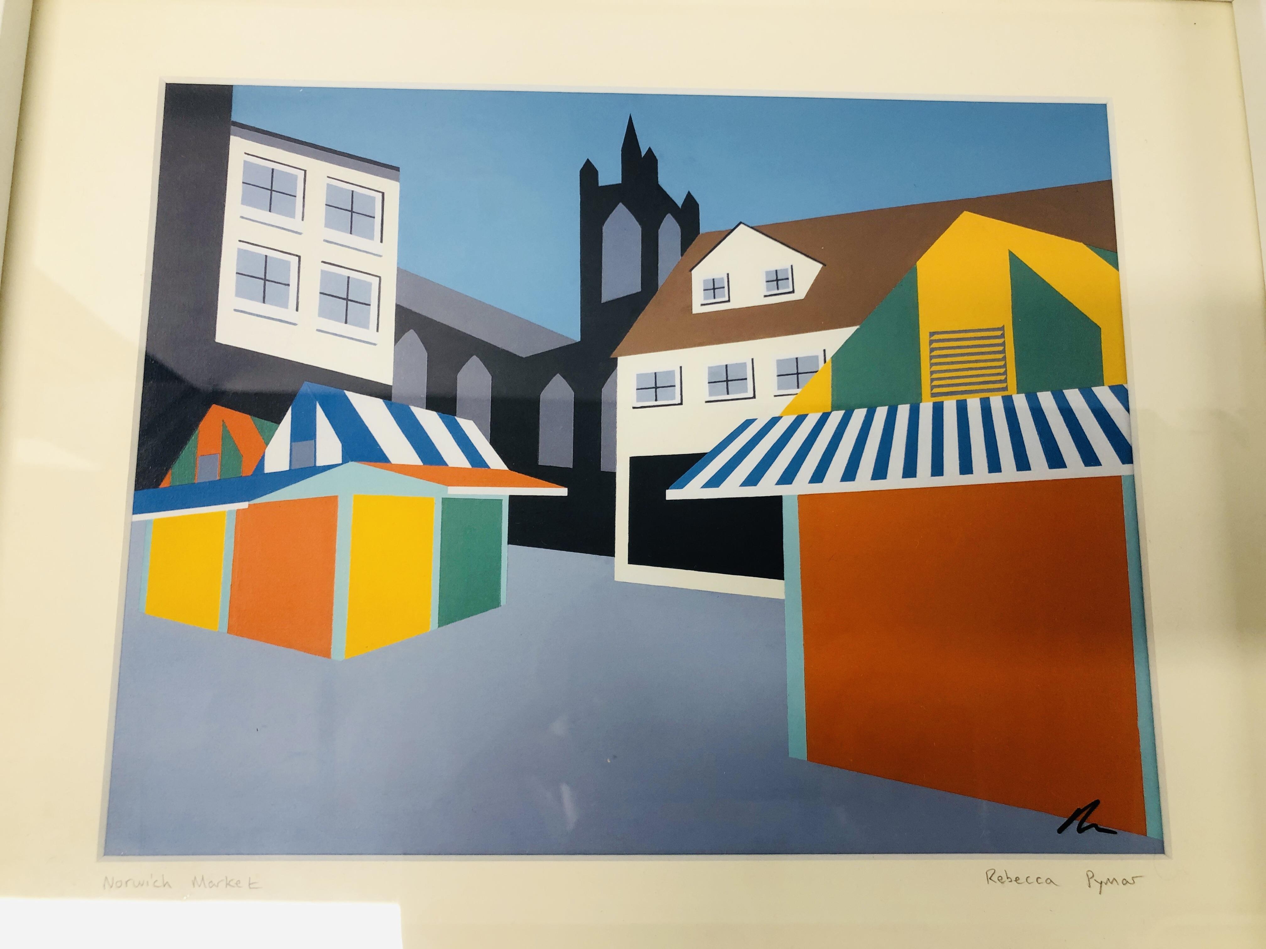 PAIR OF MODERN FRAMED PRINTS "WELLS BEACH HUTS" AND NORWICH MARKET BEARING PENCIL SIGNATURE REBECCA - Image 2 of 3