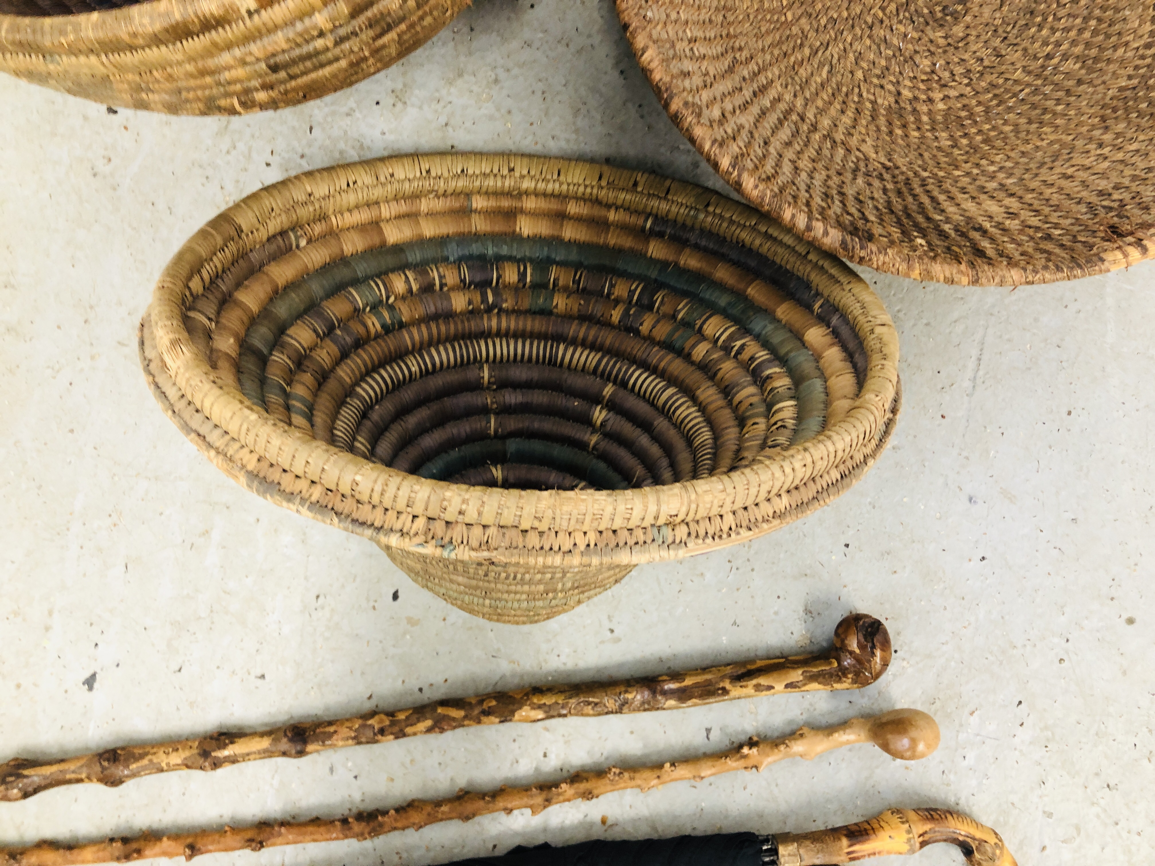 VINTAGE WICKER / SEAGRASS SNAKES BASKET AND ONE OTHER ALONG WITH 4 VINTAGE WALKING CANES, - Image 8 of 8