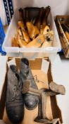 COLLECTION OF APPROX SIX PAIRS OF ANTIQUE HARDWOOD SHOE LASTS + PAIR OF HOBNAIL BOOTS AND CAST SHOE