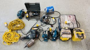 QUANTITY OF ELECTRIC POWER TOOLS TO INCLUDE TWO 110V BOSCH JIGSAWS, BOSCH SDS DRILL,