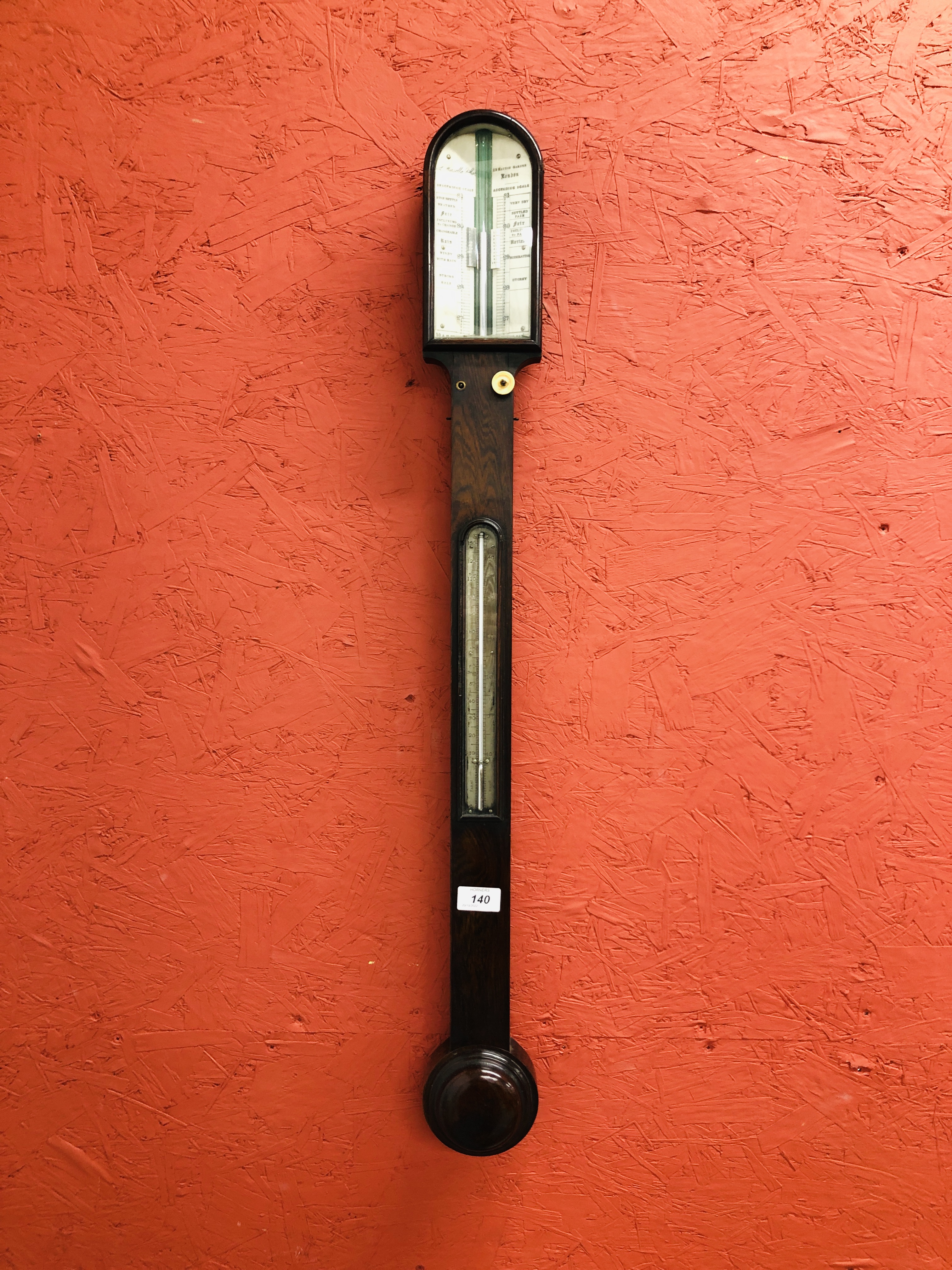 ANTIQUE STICK BAROMETER L. CASELLA & Co 23 HATTON GARDEN LONDON, HEIGHT 92CM.