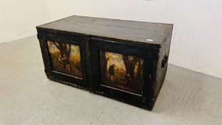 VINTAGE BLACK LACQUERED MILITARY STYLE TRAVELLING TRUNK,