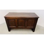 AN EARLY OAK COFFER, THE INTERIOR WITH CANDLE BOX AND TWO SMALL DRAWERS - W 127CM. D 54CM. H 75CM.