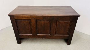 AN EARLY OAK COFFER, THE INTERIOR WITH CANDLE BOX AND TWO SMALL DRAWERS - W 127CM. D 54CM. H 75CM.