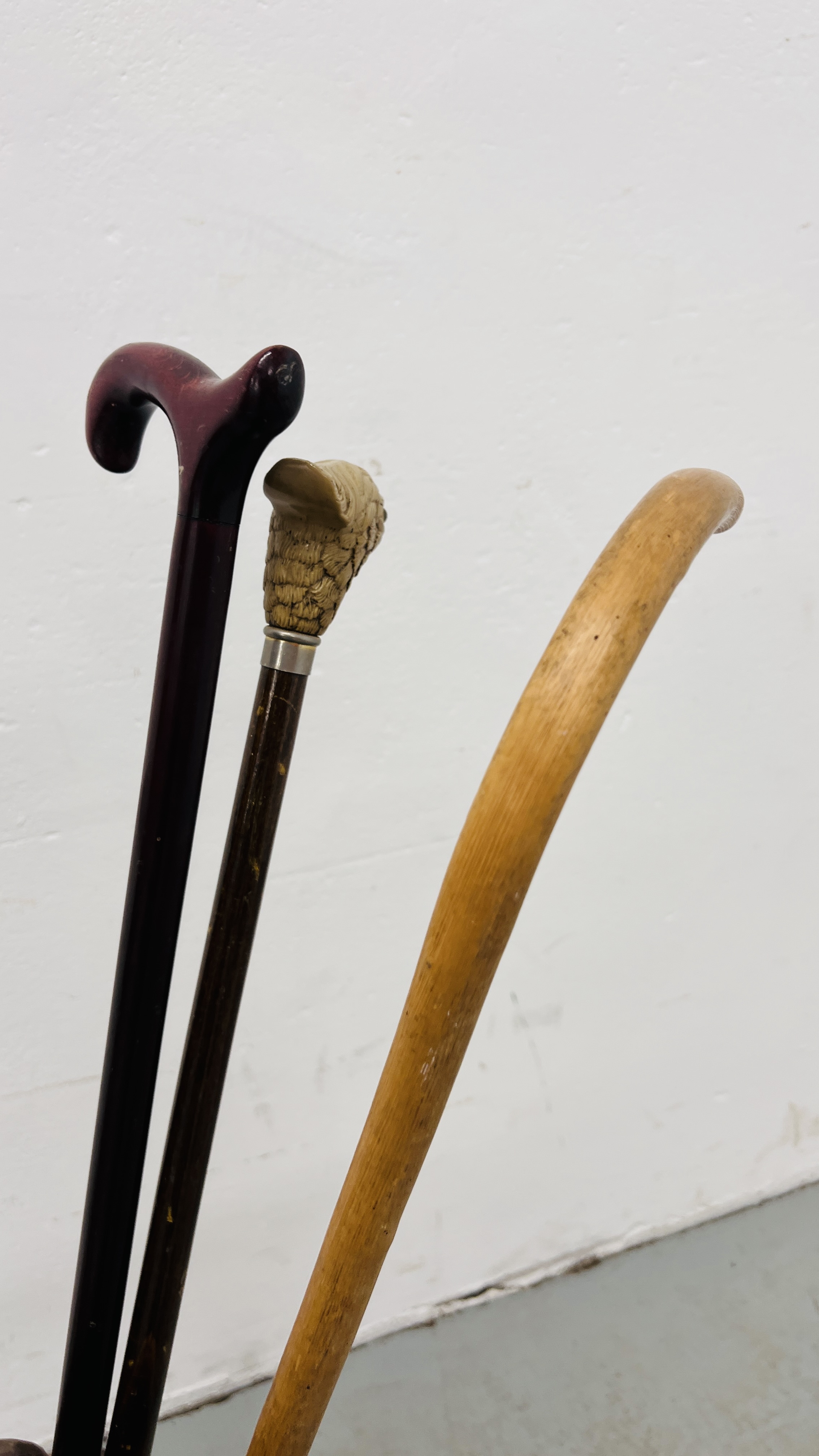 CARVED HARDWOOD STICK STAND TO INCLUDE FIVE VARIOUS WALKING STICKS, SHOOTING STICK. - Image 6 of 8