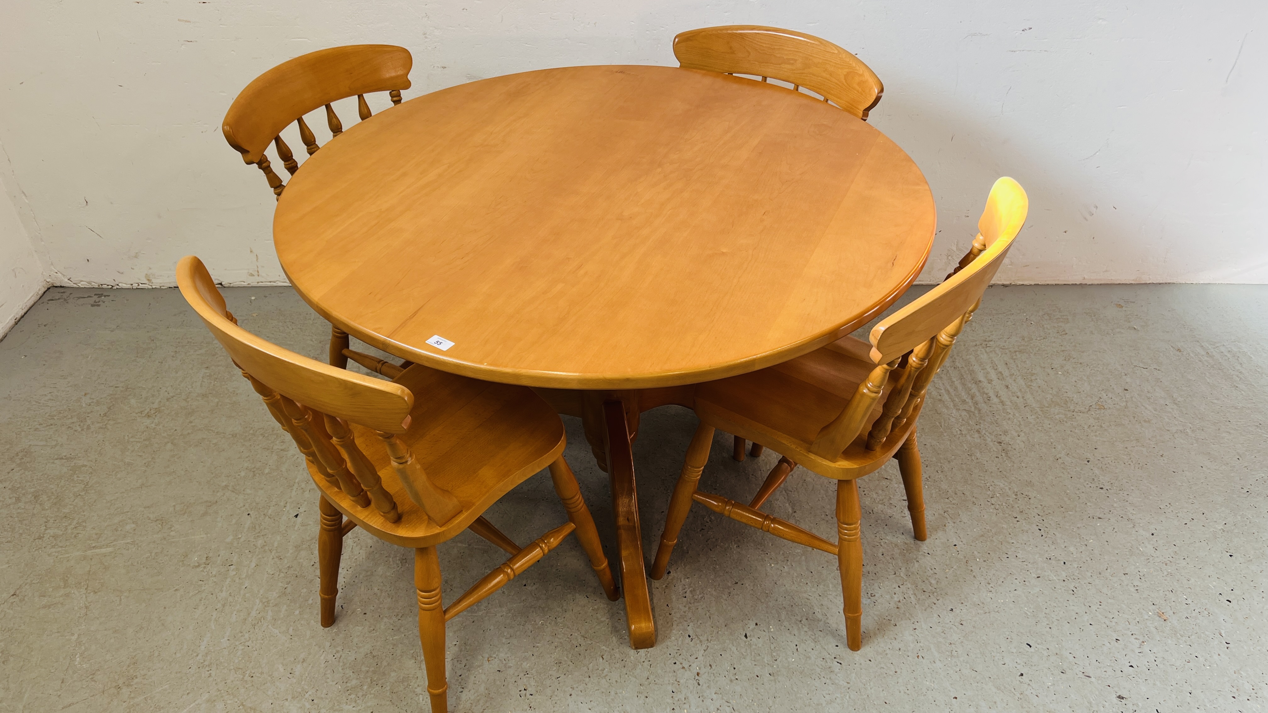 A SOLID MAPLE CIRCULAR TOPPED DINING TABLE ON PEDESTAL BASE ALONG WITH 4 BEACH CHAIRS IN CHERRY - Image 2 of 10