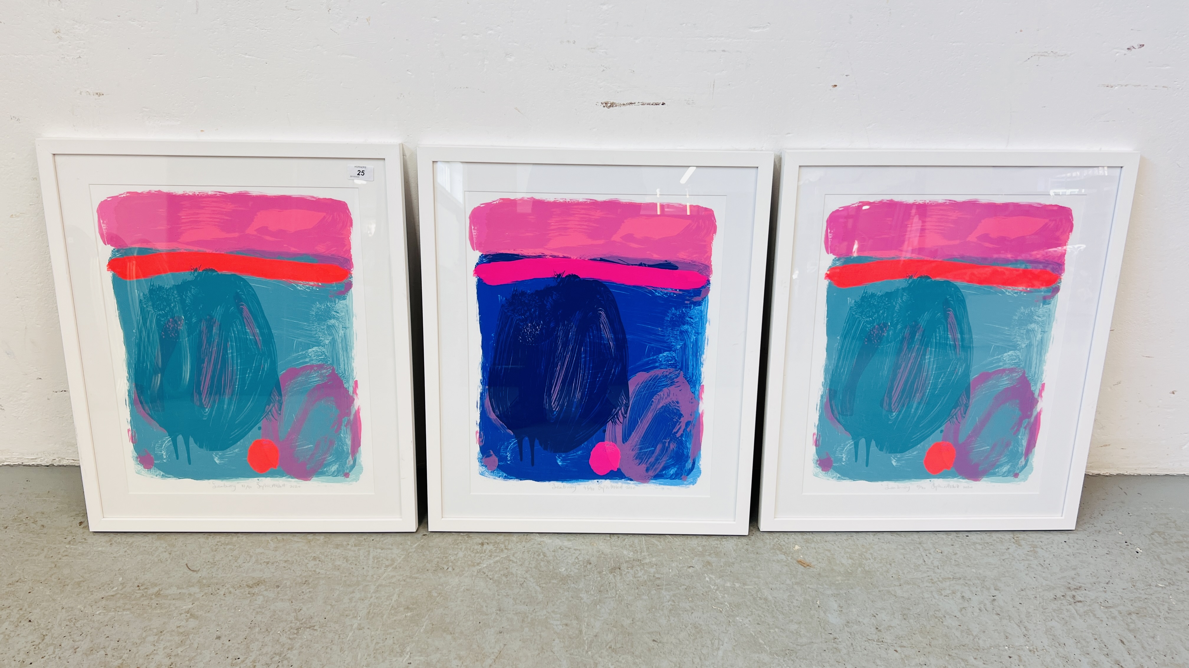 THREE LIMITED EDITION FRAMED MODERN ART / ABSTRACT PRINTS BEARING PENCIL SIGNATURE SOPHIE ABBOTT