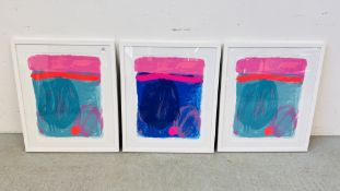 THREE LIMITED EDITION FRAMED MODERN ART / ABSTRACT PRINTS BEARING PENCIL SIGNATURE SOPHIE ABBOTT