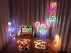 7 ASSORTED CHRISTMAS LED LIGHT DECORATIONS TO INCLUDE SANTA STOP SIGN, TRAIN, SNOWMAN,