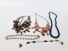 BOX OF ASSORTED JEWELLERY TO INCLUDE HARD STONE NECKLACES, TIGER EYE, SCARAB BRACELET ETC.