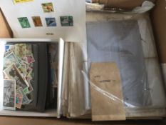 BOX OF STAMPS ON LEAVES, IN PACKETS AND LOOSE,